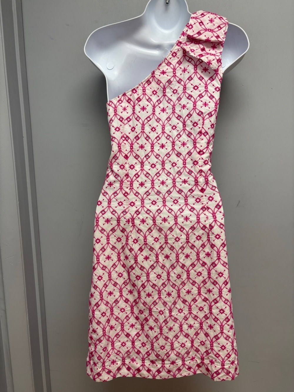 J.Crew One-Shoulder Bow Eyelet Embroidered Dress White Pink Size 2 - Picture 7 of 16